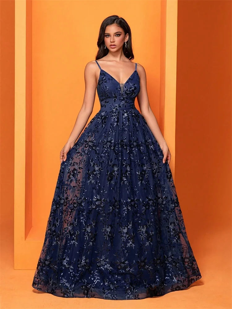 Elegant Sequins Sexy Backless Evening Dress For Women Deep V-neck Prom Party  Dress Floor Length Blue Formal Gowns