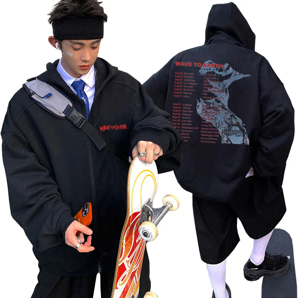 Korean Band Wave To Earth Print Zipper Hoodie Men's Casual Oversized Zip Up Jacket Men Women Hip Hop Fashion Y2k Zip Up Hoodies