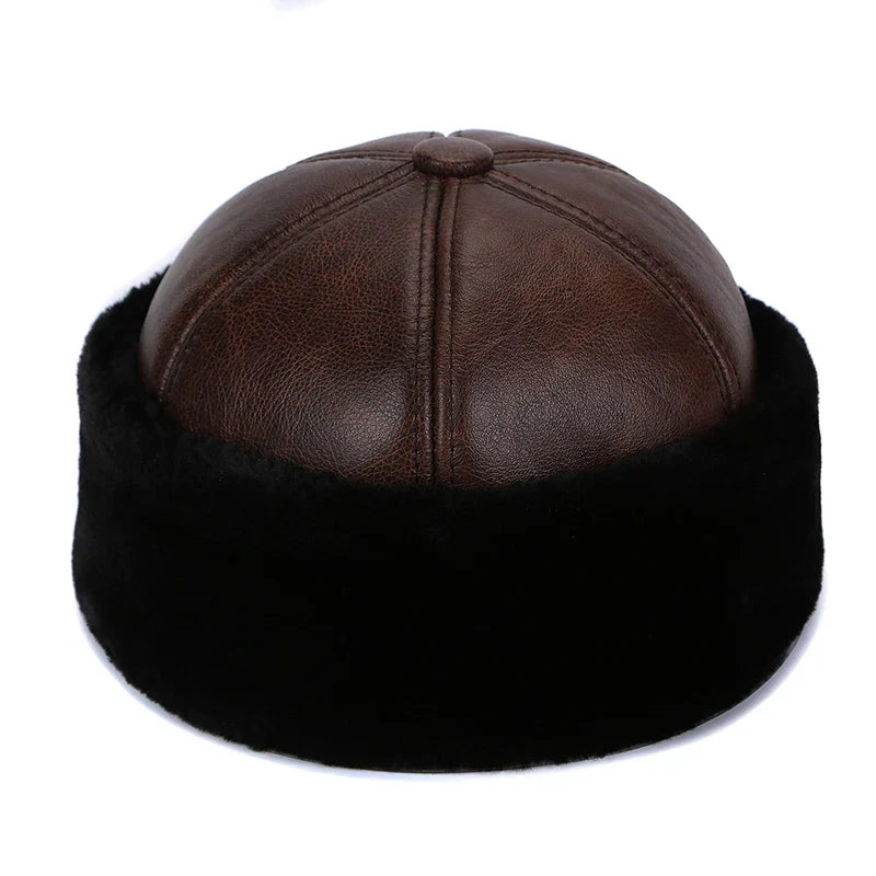 Retro Cowhide Bomber Hat Winter Keep Warm Caps Men Women Real Leather Cap Thick Velvet Dad Hat Leather Hat
