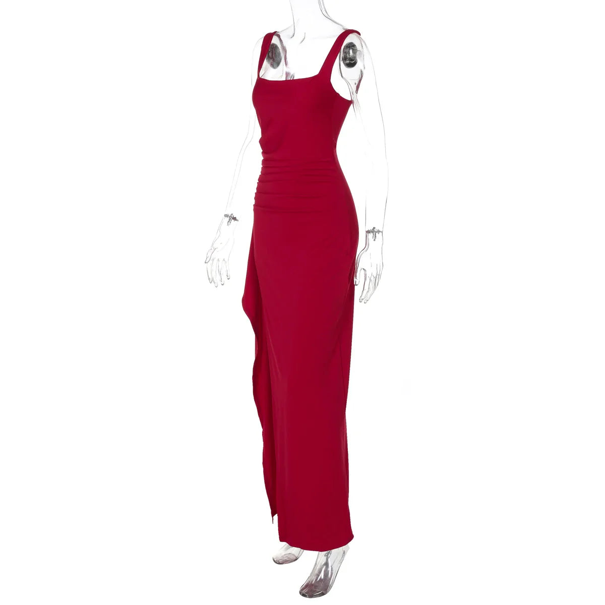 Women Elegant Solid Straps Slit Ruched Patchwork Sexy Bodycon Maxi Dress Summer Outfits Evening Party Birthday Festival