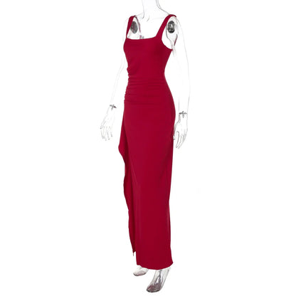 Women Elegant Solid Straps Slit Ruched Patchwork Sexy Bodycon Maxi Dress Summer Outfits Evening Party Birthday Festival