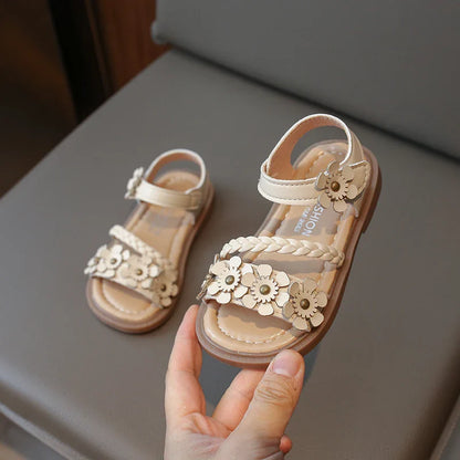 Girls Beige Braided 3D Flower Princess Sandals, Hook-and-Loop Soft Elastic Non-Slip Wear-Resistant Rubber Sole Lightw