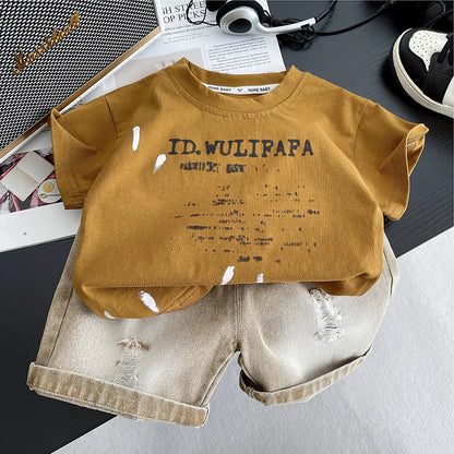 Summer Toddler Baby Boys Cotton Print Short-Sleeved T-Shirt Top+Rip Shorts Jeans Set Kids 2PCS Tracksuit Children Outfit 1-6 Yr