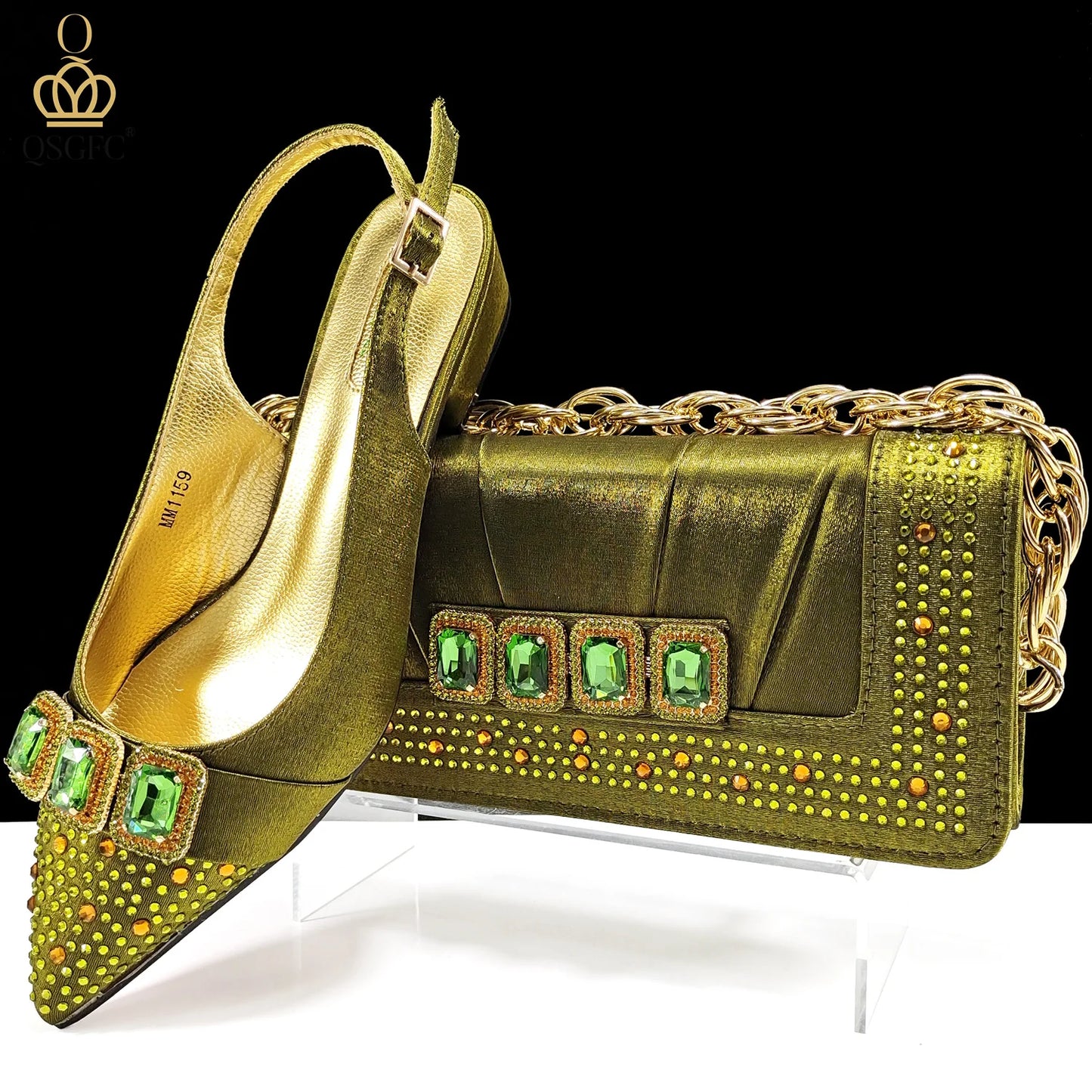 Italian Olive Pumps and Bag for Party 2024 INS Style Pointed-Toe Rhinestone Elegant Low Heels Wedge for Wome
