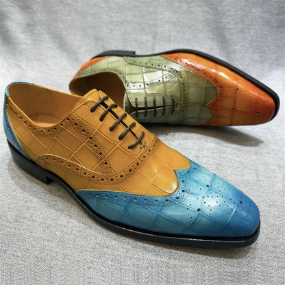 Men's Genuine Leather Wingtip Oxfords Shoes Italian Wedding Dress Shoes Green/Camel Business Formal Male Footwear