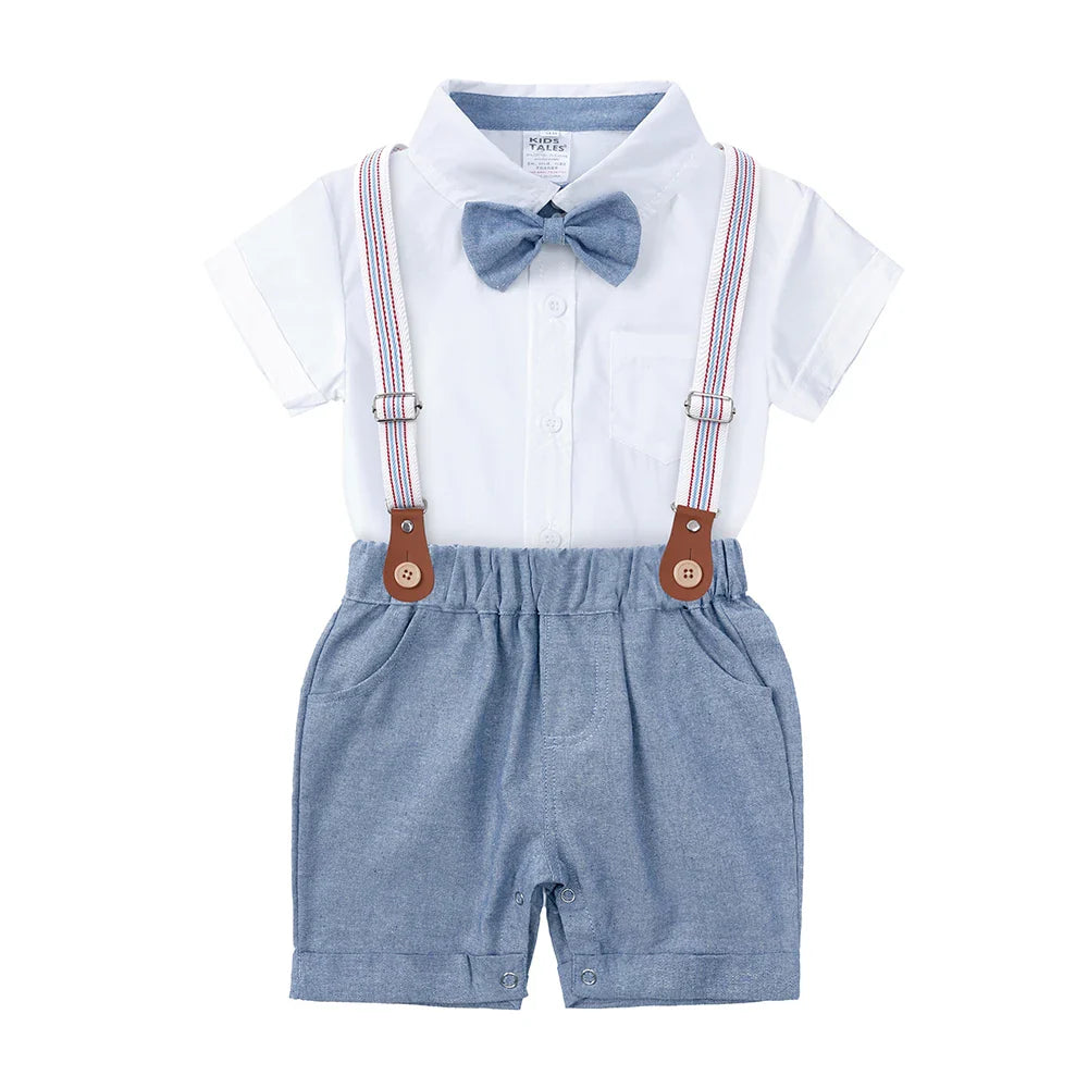 2026 Baby Boy Formal Birthday Outfit Suit Toddler Gentleman Clothes Infant Short Sleeve Bowtie Shirt+Suspender Pants Casual Sets