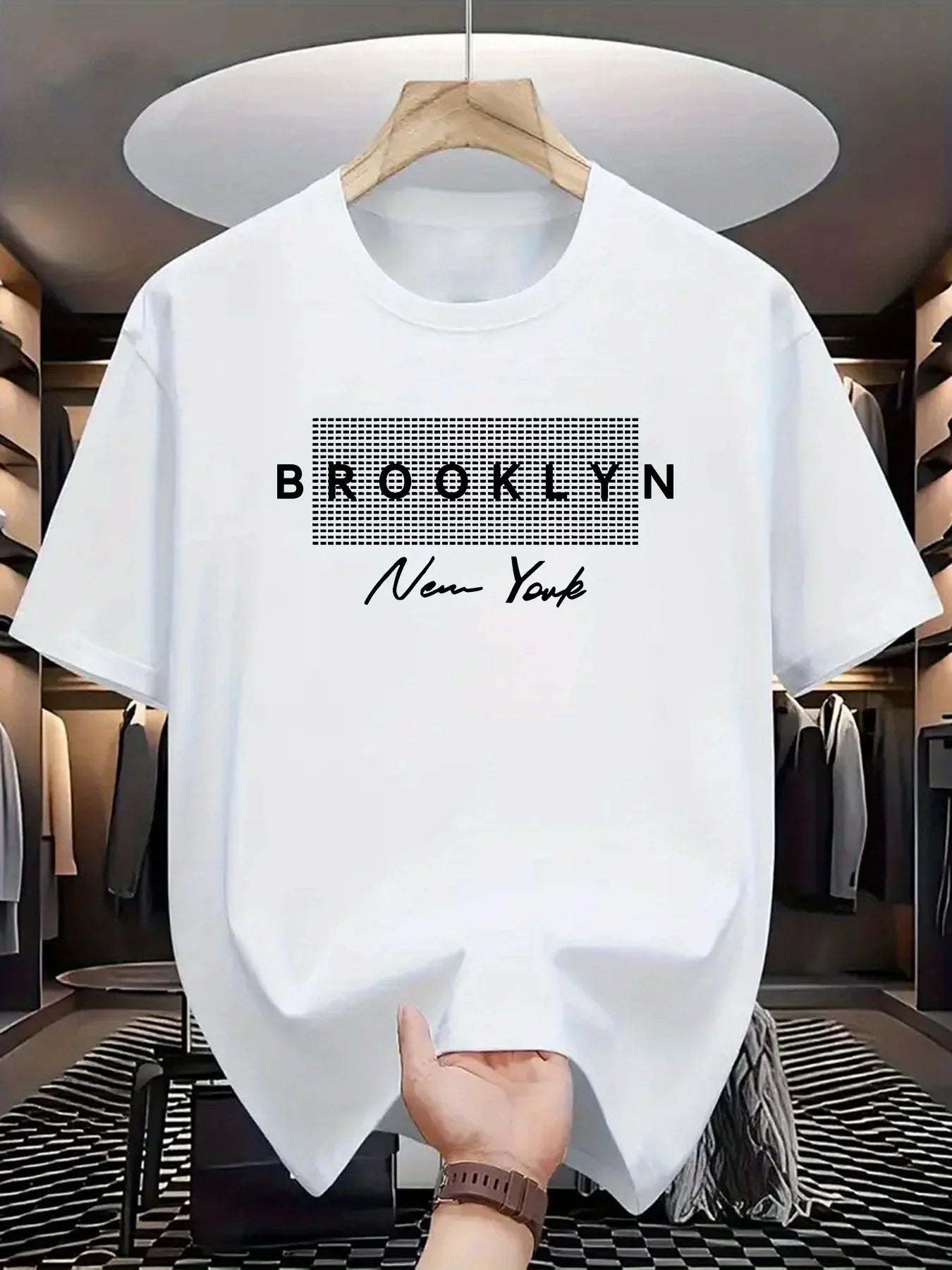 Summer 2026 Brooklyn New York Grid Print T-Shirt for Men Casual Crew Neck Short Sleeve Tee | Trendy Streetwear Tops Ideal
