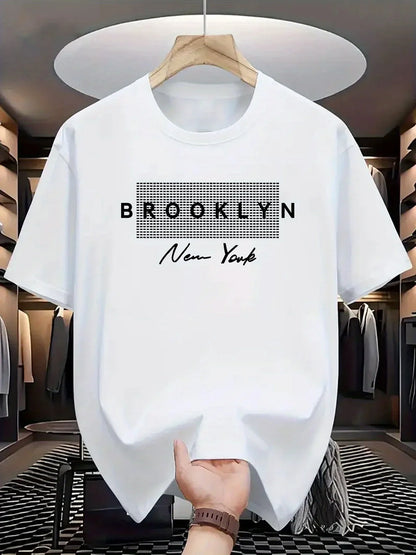 Summer 2026 Brooklyn New York Grid Print T-Shirt for Men Casual Crew Neck Short Sleeve Tee | Trendy Streetwear Tops Ideal