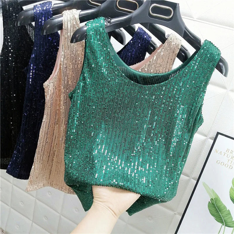 Sparkling Sequins Round Neck Vest Women's Outer Wear 2022 Summer New Bright Silk Fashion Glitter Bottoming Shirt Suspender Top