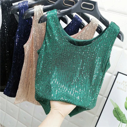 Sparkling Sequins Round Neck Vest Women's Outer Wear 2022 Summer New Bright Silk Fashion Glitter Bottoming Shirt Suspender Top