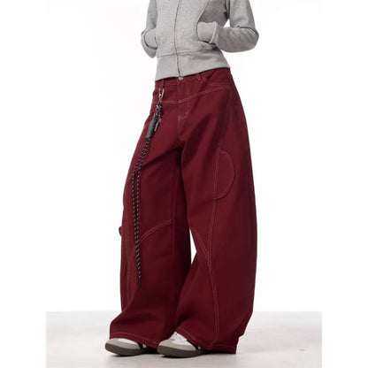 Calça Cargo Jeans Casual Vermelha Feminina Calça de Trabalho Folgada Reta Perna Larga Calça Coreana Primavera Estilo Preguiçoso Confortável Chique