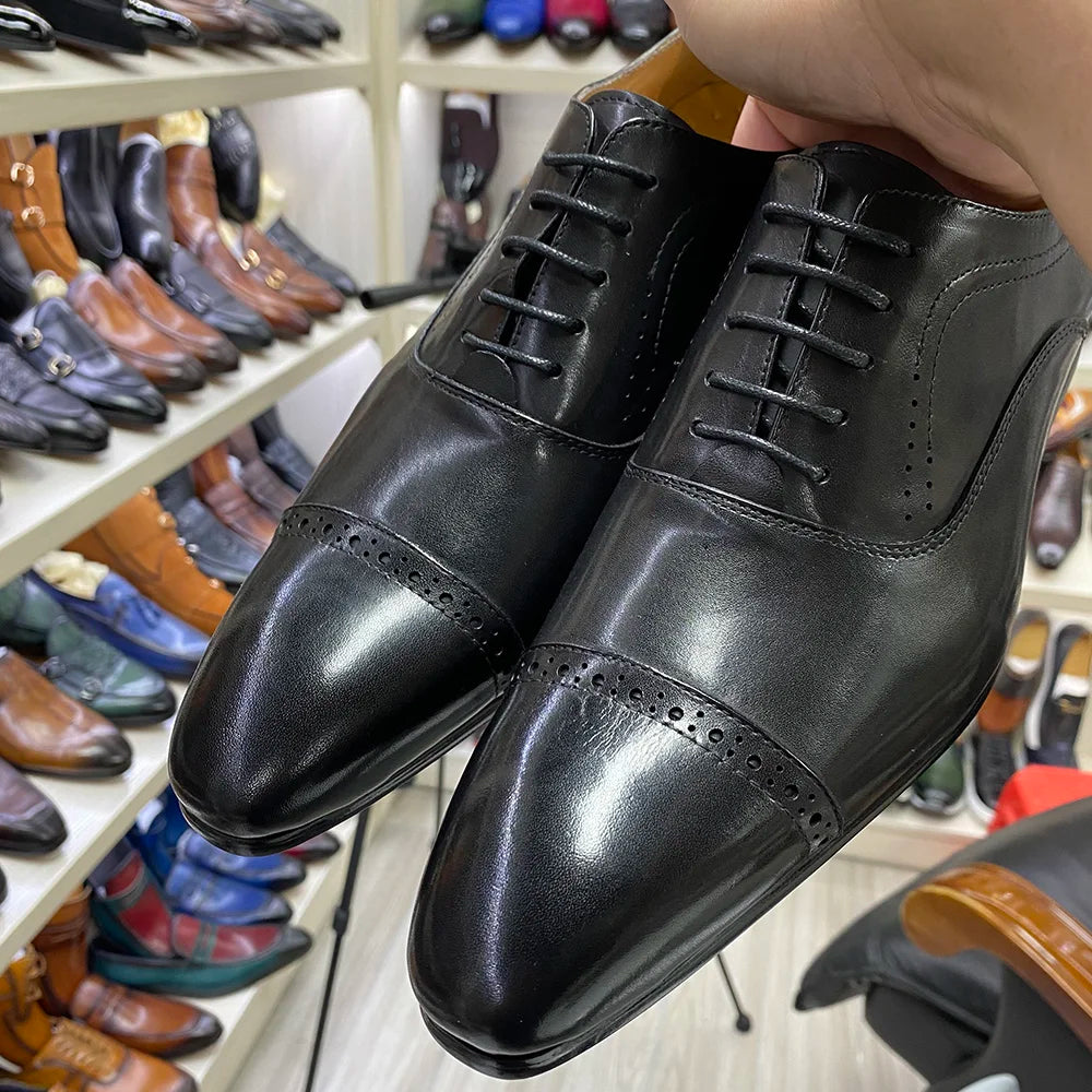 Genuine Leather Oxford Dress Shoes Men Lace Up Cap Toe Office Wedding Shoes Black Brown Brogue Pointed Oxfords Formal Shoes Men