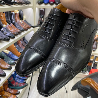 Genuine Leather Oxford Dress Shoes Men Lace Up Cap Toe Office Wedding Shoes Black Brown Brogue Pointed Oxfords Formal Shoes Men