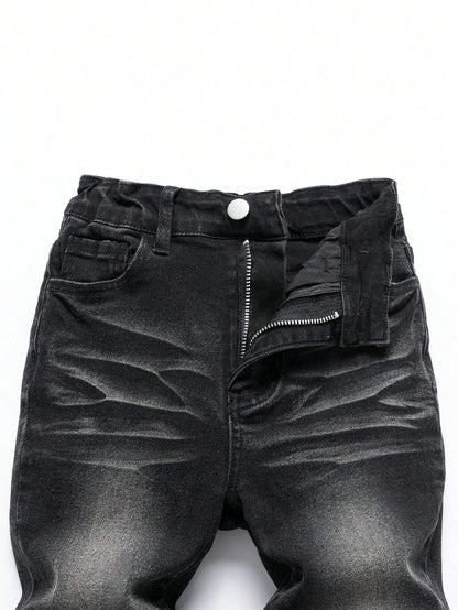 1 Piece of Men's Four-Season Snowflake Washed Fashion Jeans, Stretch Slim Fit Light Gray Dark Black Casual Denim Pants, Normcore and Fashionable, Suitable for Everyday Wear