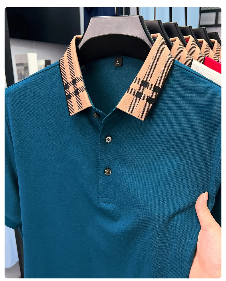 Fashion brand plaid lapel short sleeve polo shirt men summer new style simple solid color high-end business casual golf T-shirt