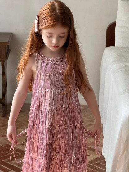 Vestido Infantil Meninas 2025 Verão Novo Moda Infantil Vestido de Borla Brilhante de Luxo Vestido de Aniversário para Meninas