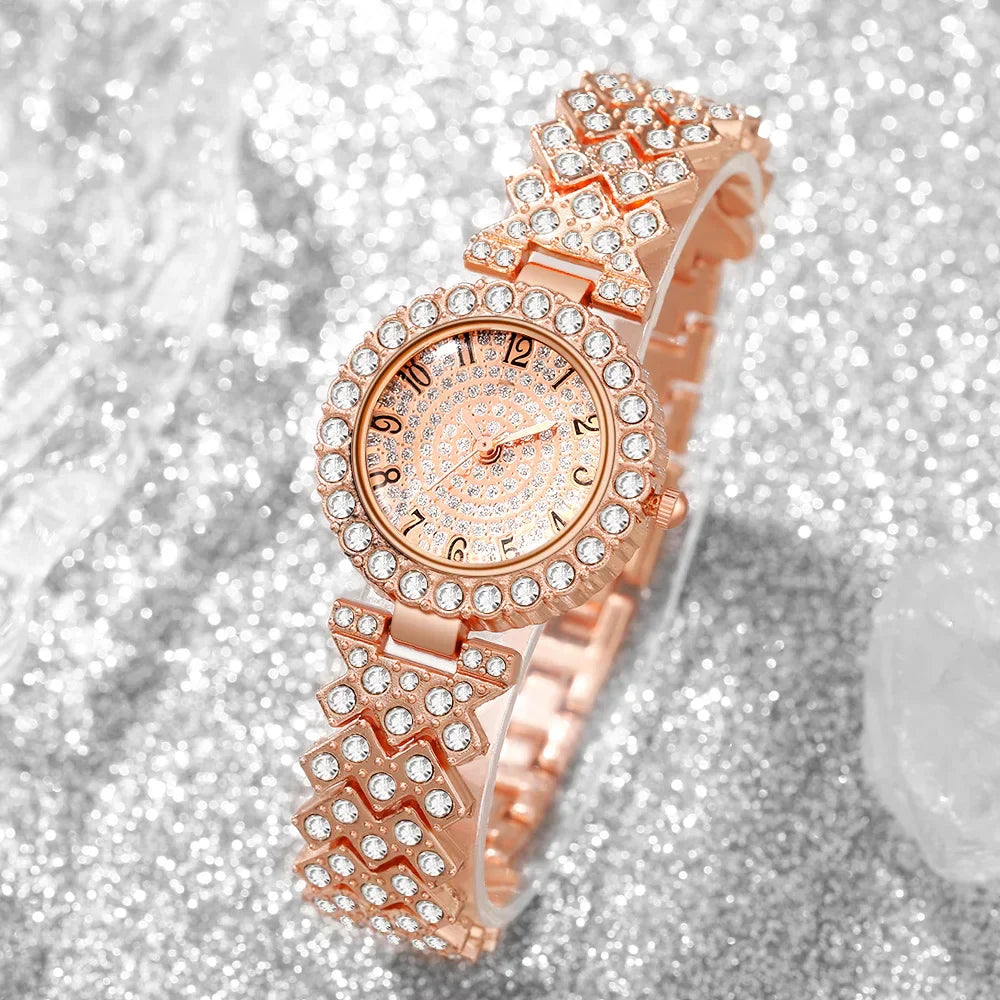 5pcs Luxury Rhinestone Women's Quartz Watch Elegant Ladies Bracelet Wristwatch Jewelry Set（Without Box）