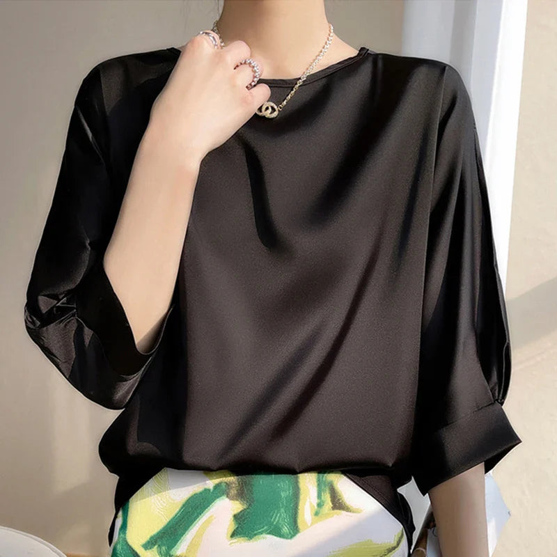 2026 New In Summer Satin Silk Half-Sleeve Tee Tops Basic Solid Women‘s T-Shirt Casual O-neck Thin Shirts Ladies Loose Blouses