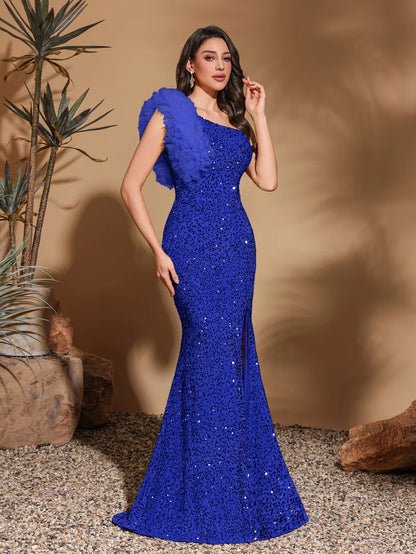Sequined off-shoulder mesh splicing decorated slit dress