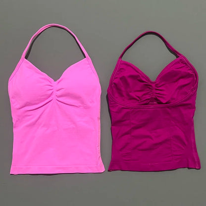 No Logo 2 Pies Sports Set Women Backless Tank Yoga Tops High Waist Scrunch Seamless Shorts Sport Gym Set Sportswear Workout Set
