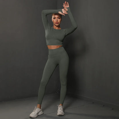 2Pcs Women Sets Energy Seamless Gym Suits Bubble Butt Sports Pants+Long Sleeve Shirts Push Up Running Sets Tracksuits Tights Set