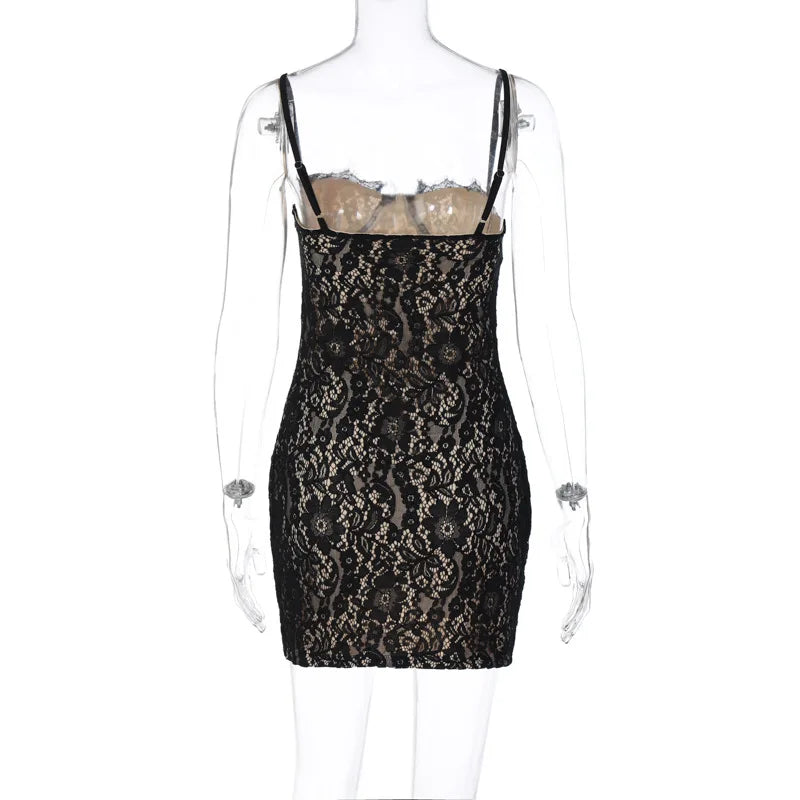 Sexy See Through Lace Spaghetti Strap Mini Dresses Women Package Hip Bodycon Party Night Club Dress Female Streetwear Vestidos