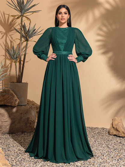 Long sleeve mesh sequins stitching elegant party dress, ladies maxi dress, party dress