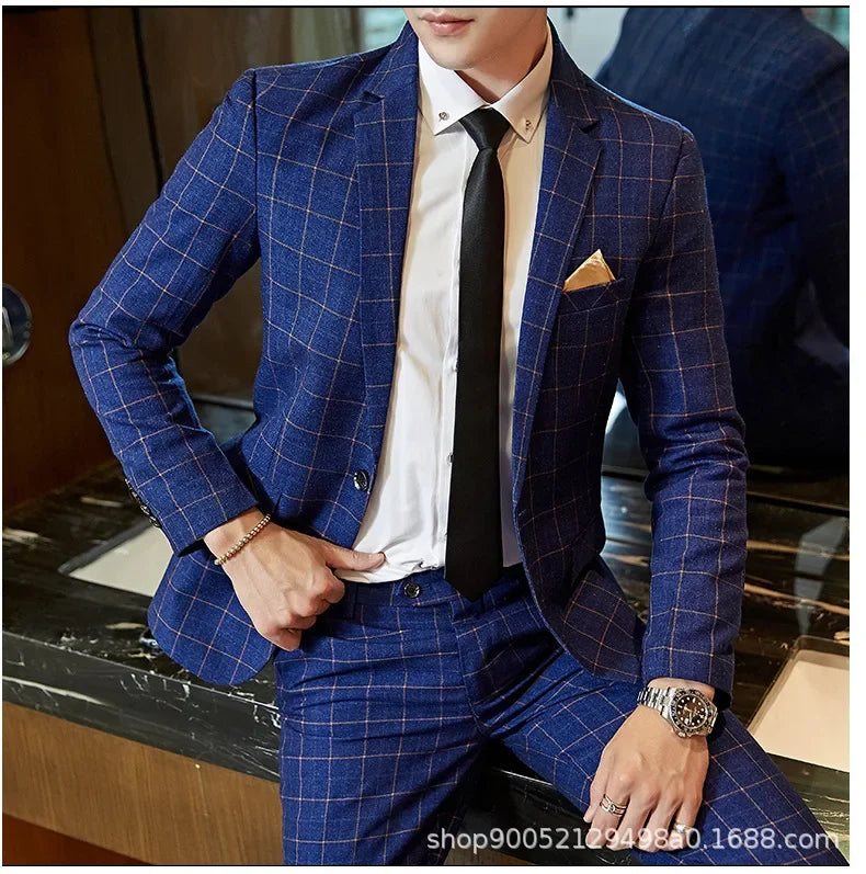 Men's Slim Fit Plaid Wedding Suit Jacket Korean Style Business Casual Single-breasted Suit with Set Wedding Groomsmen Wear