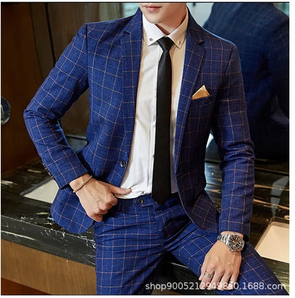 Men's Slim Fit Plaid Wedding Suit Jacket Korean Style Business Casual Single-breasted Suit with Set Wedding Groomsmen Wear