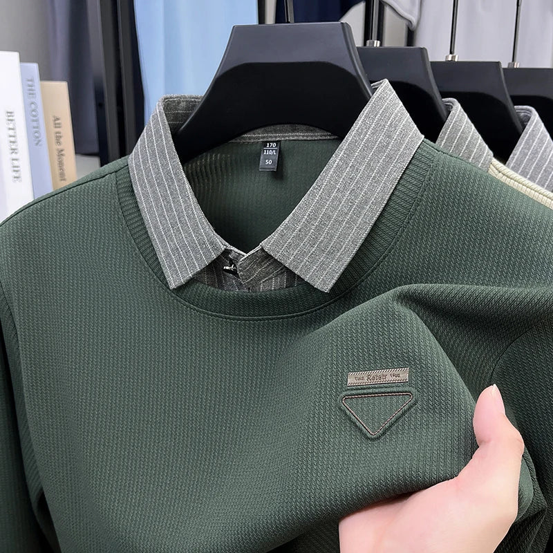 High Quality Men's Polo Shirt Contrast Color Lapel Long Sleeve T-Shirt Autumn New Exquisite Print Top Casual Business Menswear