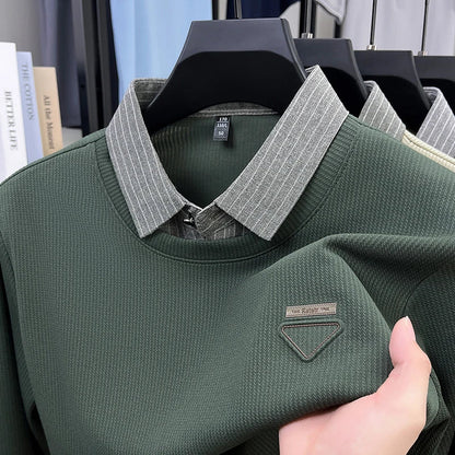 High Quality Men's Polo Shirt Contrast Color Lapel Long Sleeve T-Shirt Autumn New Exquisite Print Top Casual Business Menswear
