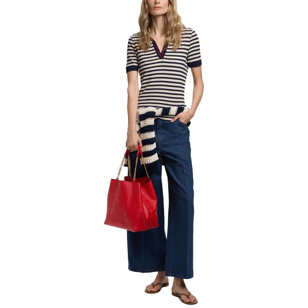 Fashion Stripe Knitted Polo Neck T Shirt For Women Soft Chic Short Sleeve Casual Pullovers 2025 Summer New Lady Street Tops