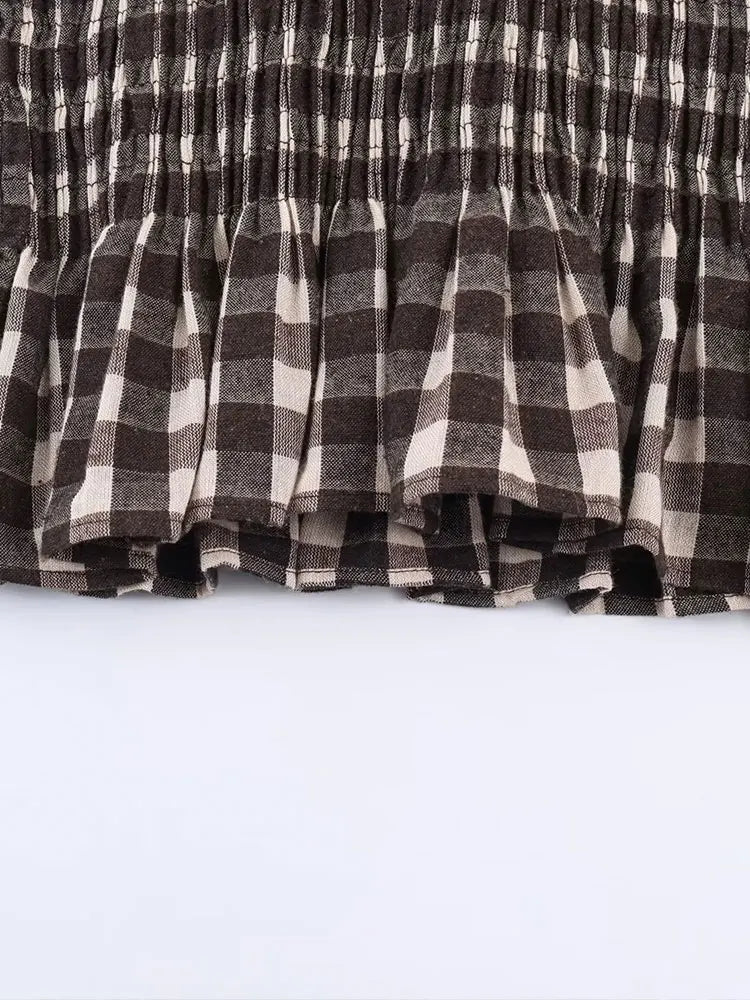 2025 Vintage Chic Brown Plaid Shirts Women Long Sleeve Blouses Fold Fashion Casual Elegant Women Tops Y2k