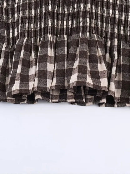 2025 Vintage Chic Brown Plaid Shirts Women Long Sleeve Blouses Fold Fashion Casual Elegant Women Tops Y2k
