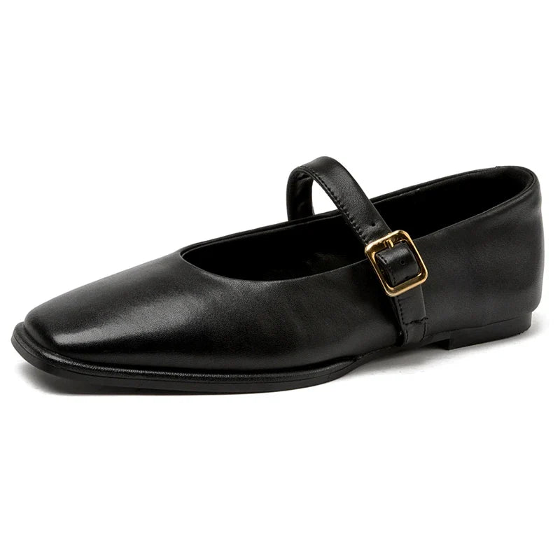 Mary Jane Shoes Female Genuine Leather 2026 New Snap Ballet Shoes Women Square Toe Flat Cowhide Ladies Shoes