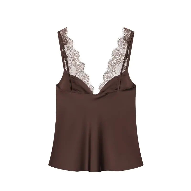 Women's Satin Lace Camisole - Sexy V-Neck Sleeveless Top for Summer, Perfect for Party & Beach Outfits, Comfortable Silky Feel