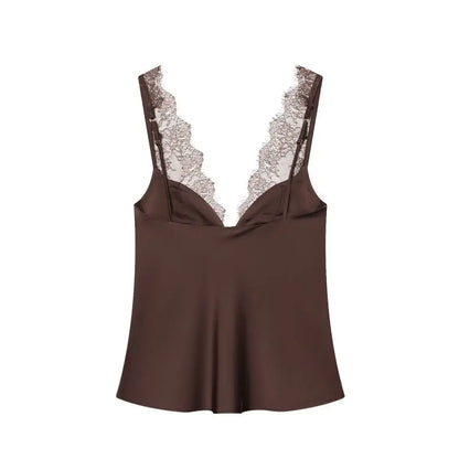 Women's Satin Lace Camisole - Sexy V-Neck Sleeveless Top for Summer, Perfect for Party & Beach Outfits, Comfortable Silky Feel