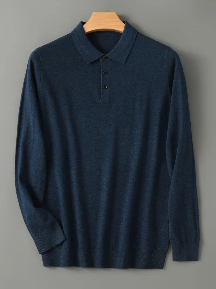 Spring Autumn Men Shirt  Merino Worsted Wool Knitted Pullover Long Sleeve Polo-Collar Clothing Tops Smart Casual Thin Outerwears