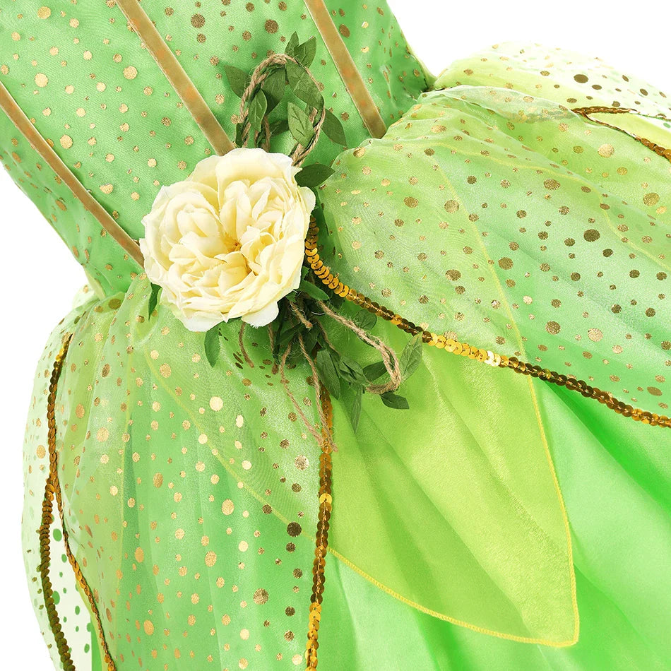 Girls TinkerBell Costume Halloween Costume Green Fancy Dress Fairy Princess Cosplay Carnival Party Costume