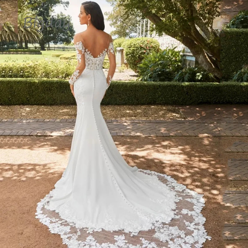 Elegant Sweetheart Mermaid Wedding Dress 2025 White Long Sleeve Open Back Lace Bridal Gown Train Vestido De Novia Customized