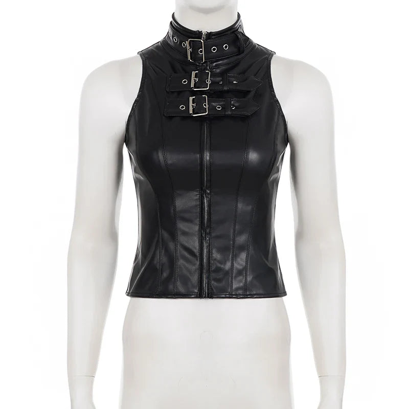 Retro Punk Pu Leather Vest With Sleeve Cover Women Gothic Black Sleeveless Turtleneck Top Y2k Metal Decorative Clothing