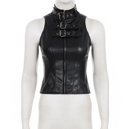 Retro Punk Pu Leather Vest With Sleeve Cover Women Gothic Black Sleeveless Turtleneck Top Y2k Metal Decorative Clothing