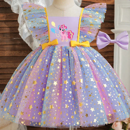 Vestido de Princesa My Little Pony para Meninas Lantejoulas Estrela Babados Laço Tutu Roupa Formal de Bebê Baile Gala Fantasia Infantil para Festas