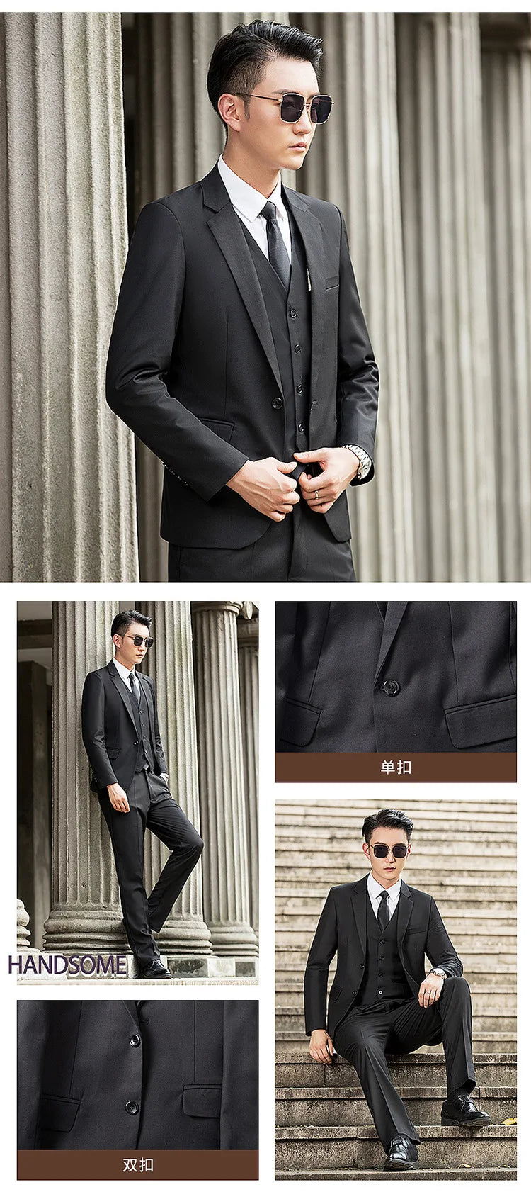 Man Three-piece Sets Fashion Turn Down Collar Coat+Single-breasted Vest+Pant Male Outfit Solid Color Business Wedding Men Suit