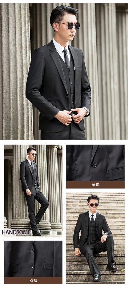 Man Three-piece Sets Fashion Turn Down Collar Coat+Single-breasted Vest+Pant Male Outfit Solid Color Business Wedding Men Suit