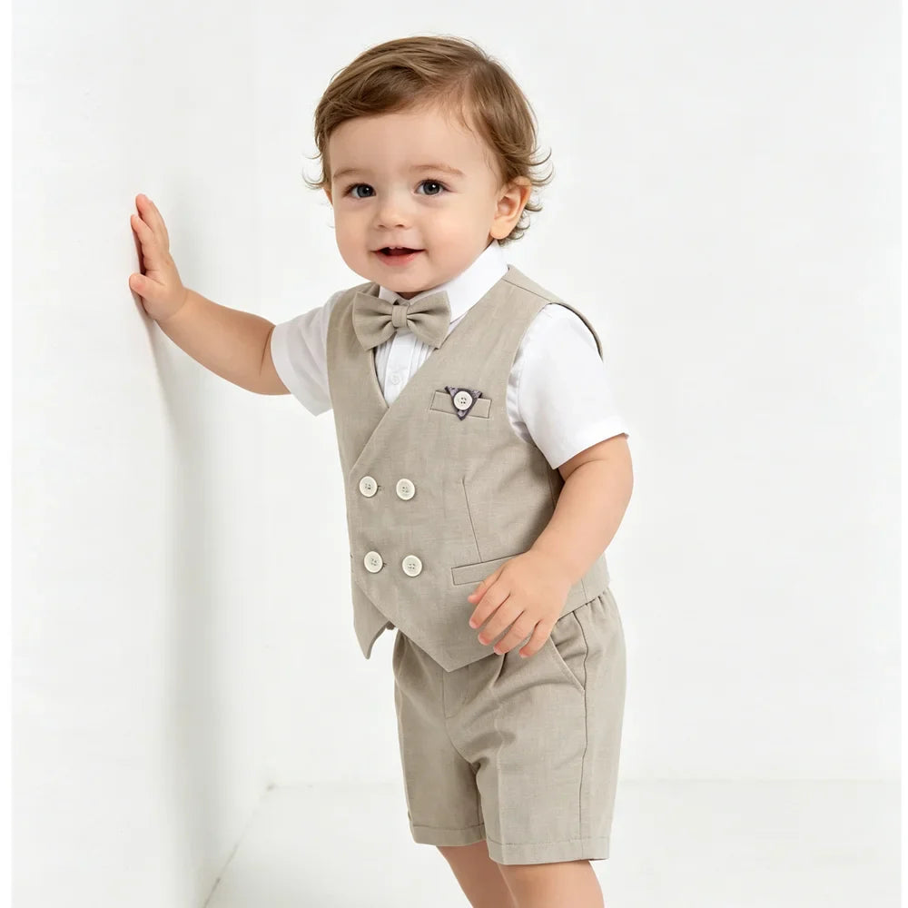 Summer Kids Boy Linen Suit Set Double Breasted Vest Shorts Bowtie for Ring Bearer Flower Boys Toddler Gentleman Outfit Clothes