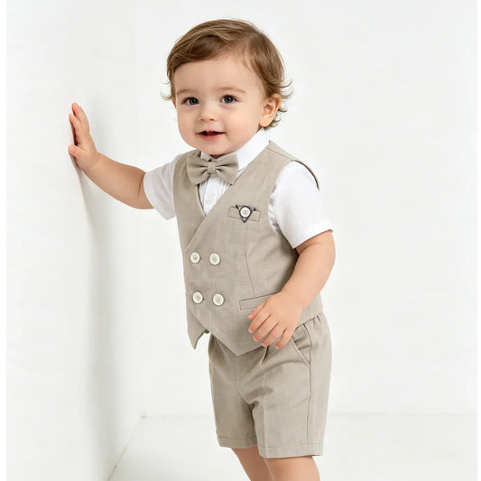 Summer Kids Boy Linen Suit Set Double Breasted Vest Shorts Bowtie for Ring Bearer Flower Boys Toddler Gentleman Outfit Clothes