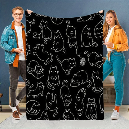 Cute Black White Kitten Flannel Blanket - Soft Warm All-Season Throw for Sofa/Bed/Office/Travel, Fashionable Gift for Cat Lovers