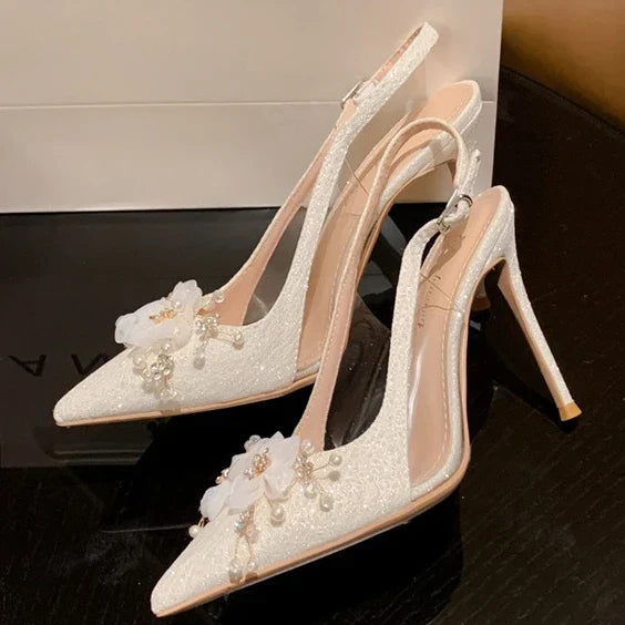 French Flower Wedding Shoes Women's Thin Heel Pointed Head High Heel Fashion Bag Head Summer Women's Sandals