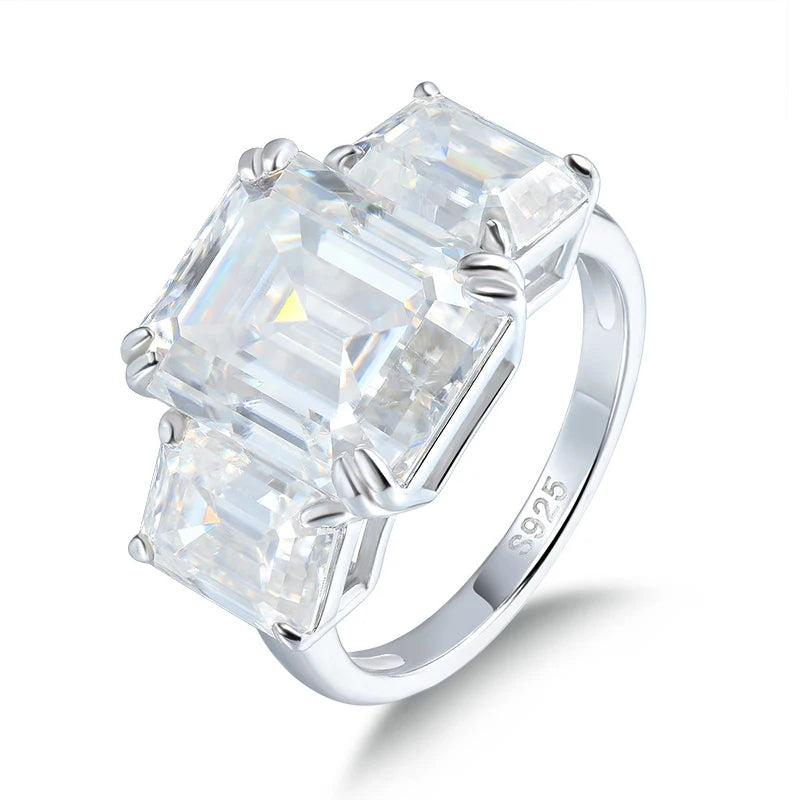 12cttw Emerald Cut Full Moissanite Engagement Ring for Women 3 Stones Sterling Silver 925 Wedding Band with Certificate
